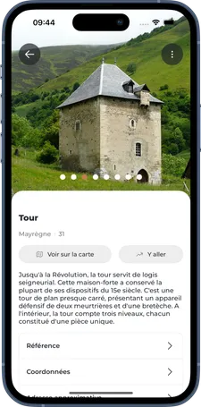 Une capture d'écran de l'application Carte du Patrimoine présentant les informations d'un château à Montiganc-Charente