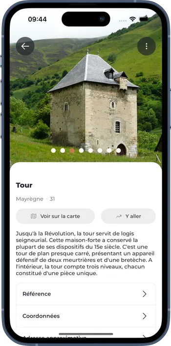 Une capture d'écran de l'application Carte du Patrimoine présentant l'Hôtel de Bardines