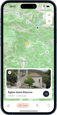 Une capture d'écran de l'application Carte du Patrimoine présentant les informations d'un château à Montiganc-Charente