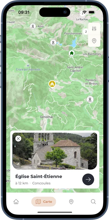Une capture d'écran de l'application Carte du Patrimoine présentant les informations de l'église Saint-Sauveur du Rozier